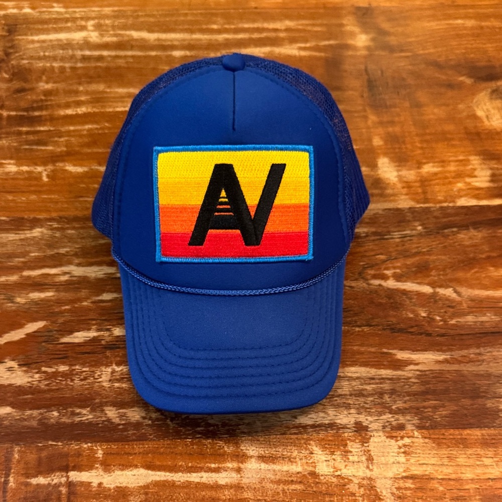 Aviator Nation Blue Trucker Hat with Multicolor Patch